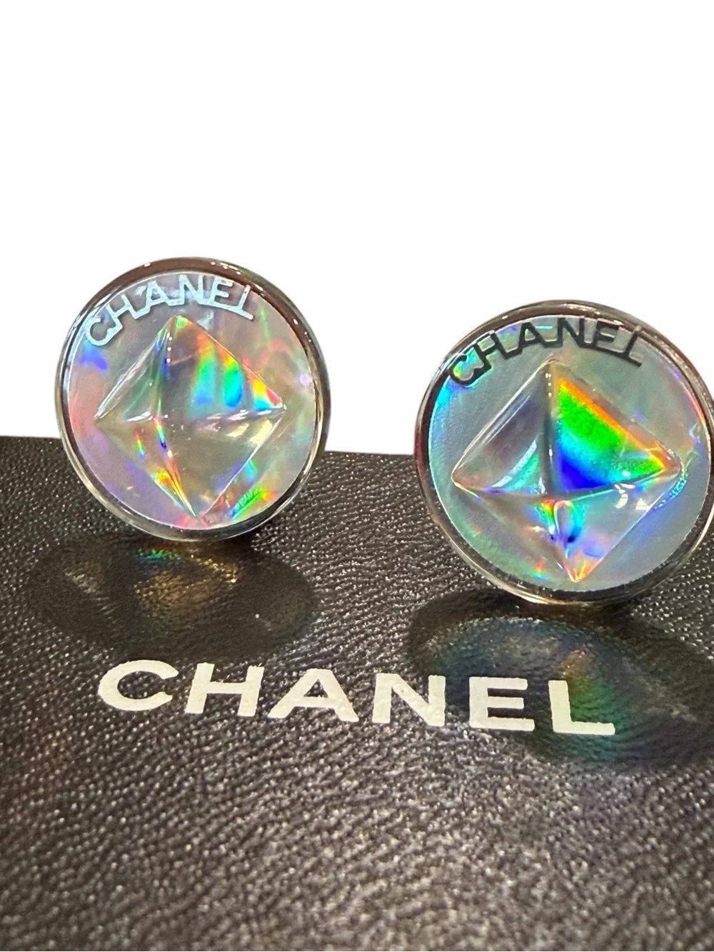 CHANEL Silver-Tone Clip-On Earrings with Iridescent Holographic Centers